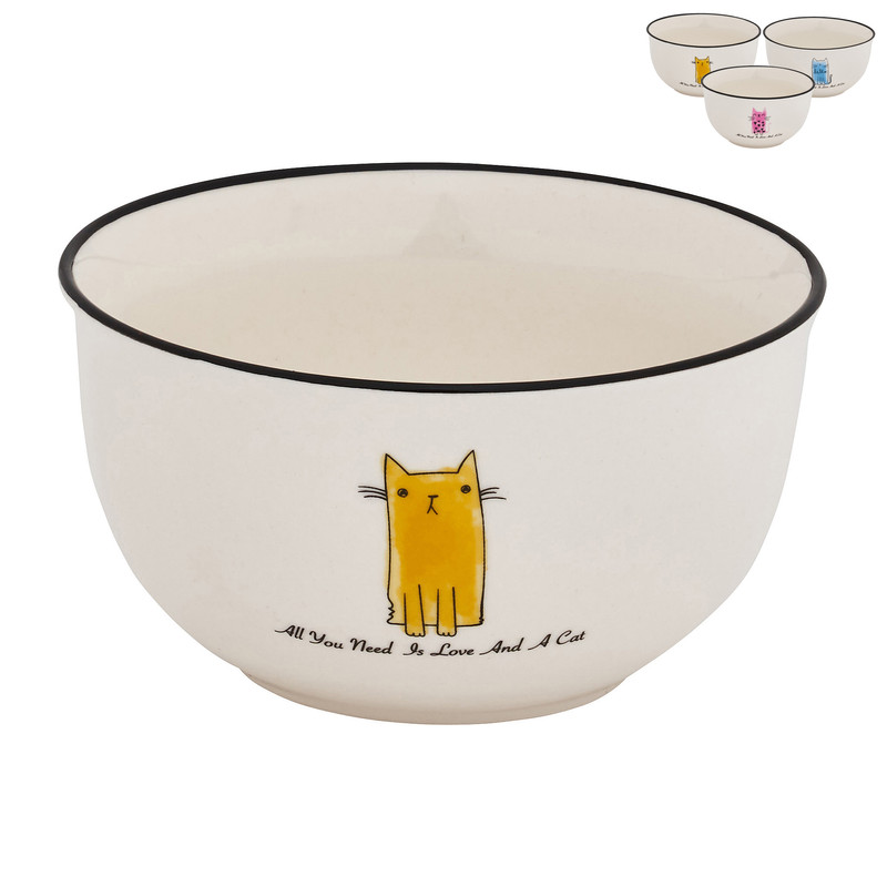 Schaaltje kat met tekst - diverse kleuren - Ø14 cm