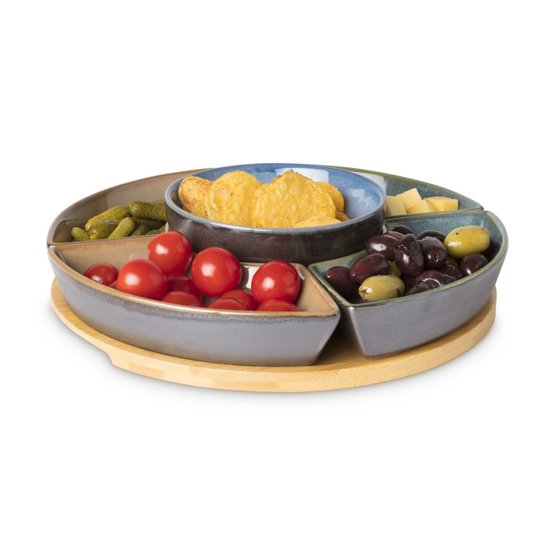 Tapas plank rond met 5 bakjes - bamboe/keramiek