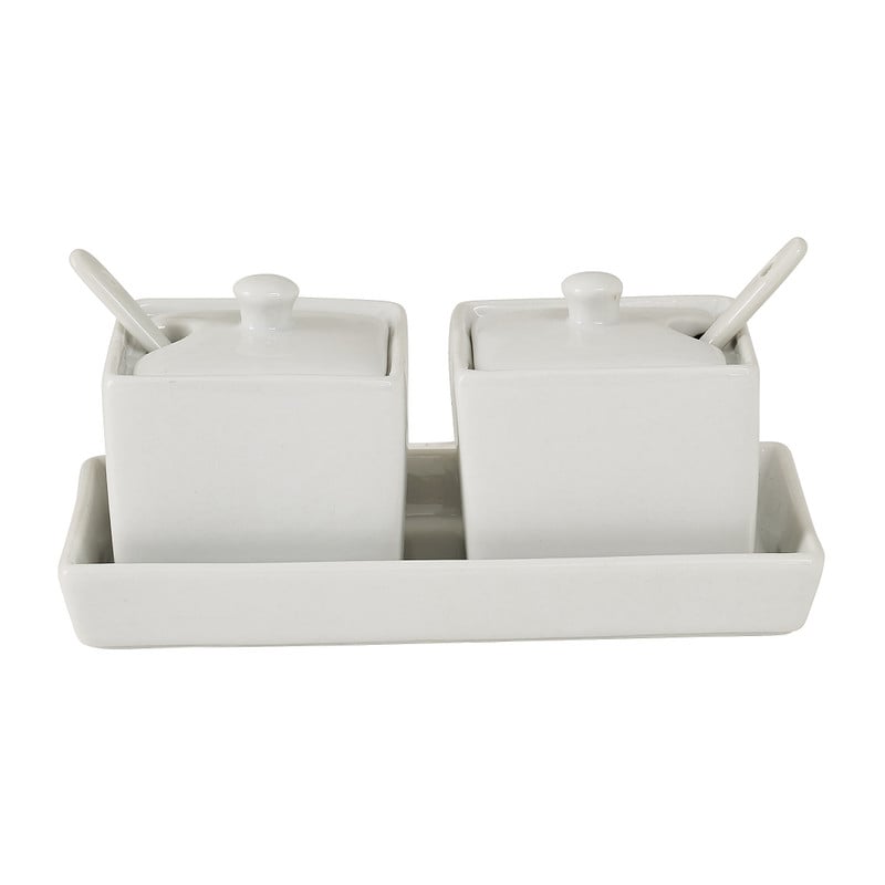 Pot met lepel - set van 2 - wit - 8X16X8 cm