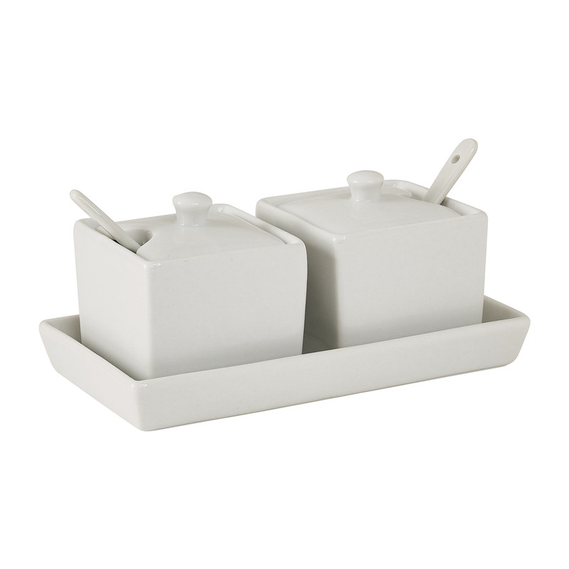 Pot met lepel - set van 2 - wit - 8X16X8 cm