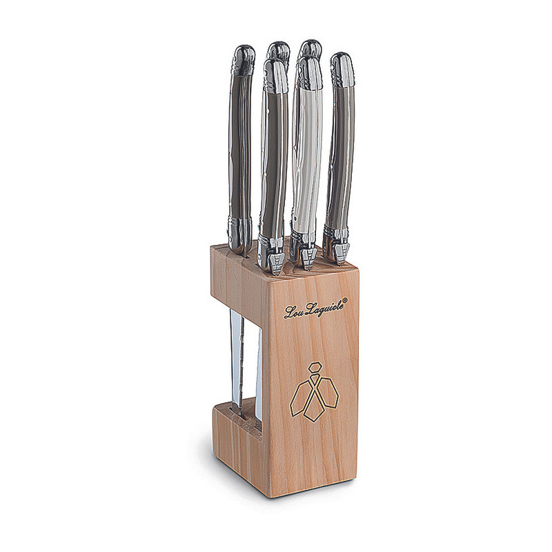 Lou Laguiole steakmessen in houten blok - zilverkleurig - 6 stuks