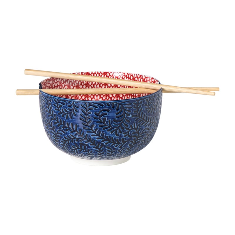 Schaaltje met eetstokjes Amber - blauw/rood - ø15x9 cm