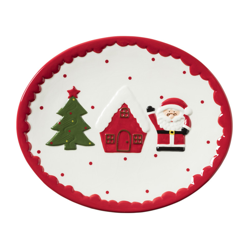 Bord ovaal kerst - wit/rood/groen - 30.5x25x2.5 cm