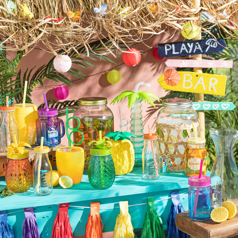 Mason jar tropical - rood/geel - ø8x15 cm