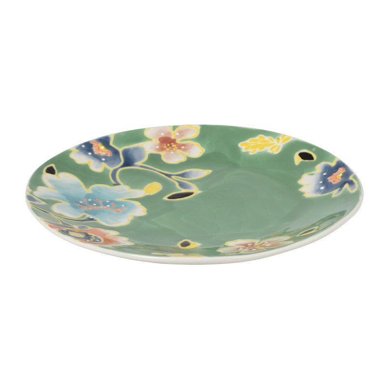 Gebaksbordje bloemen - groen/blauw - ø15 cm