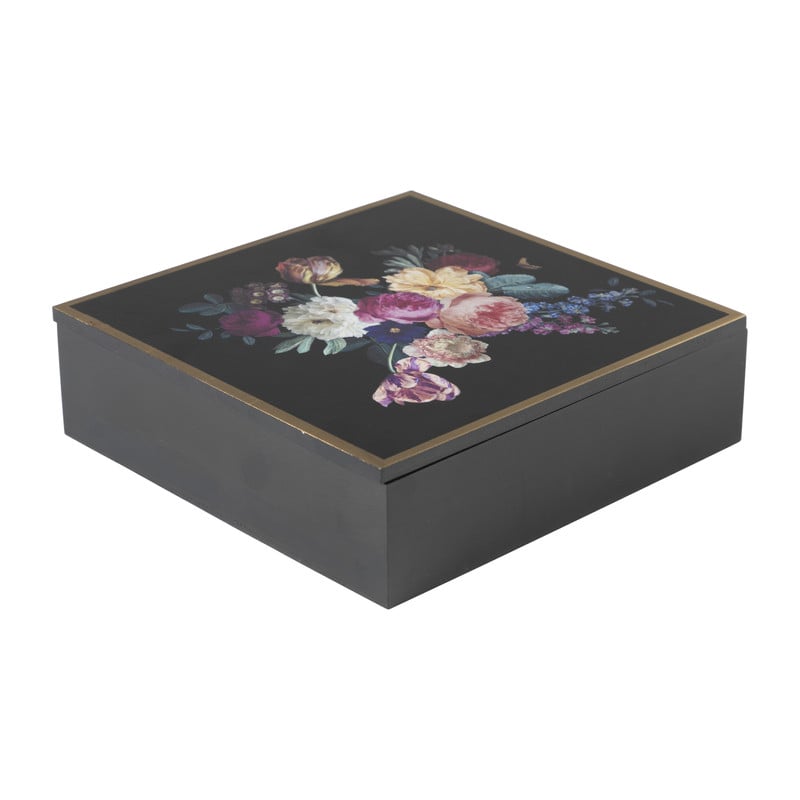 Theebox flowers - zwart - 24x24x7 cm