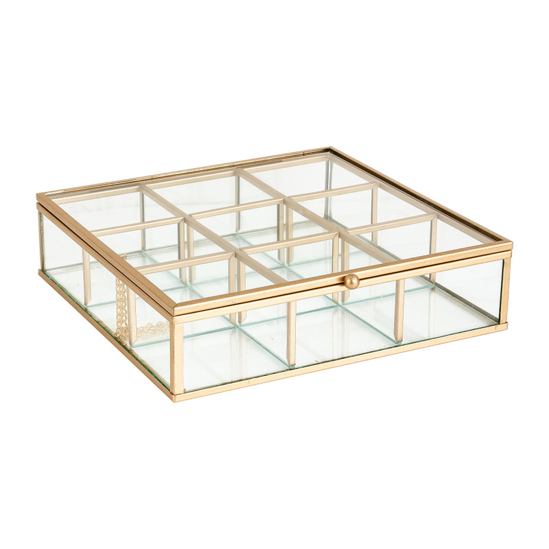 Theedoos - 9 vaks - 20x20x5 cm - goud