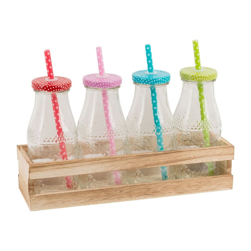 Drinkflesjes met rietjes in houder - set van 4