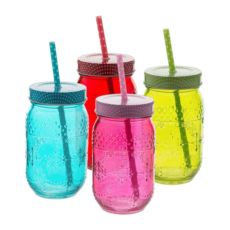 Mason Jar beker met rietje - 55 cl - set van 4