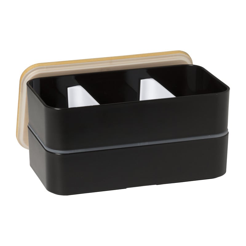 Lunchbox dubbel met bestek - zwart - 700 ml