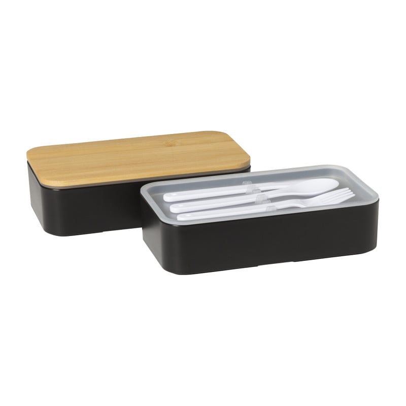 Lunchbox dubbel met bestek - zwart - 700 ml