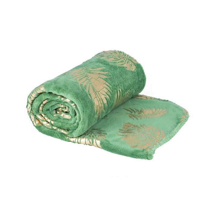 Zacht plaid met bladdessin - groen met blad goud - 130x170 cm
