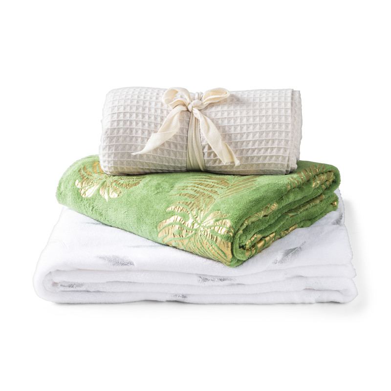 Zacht plaid met bladdessin - groen met blad goud - 130x170 cm