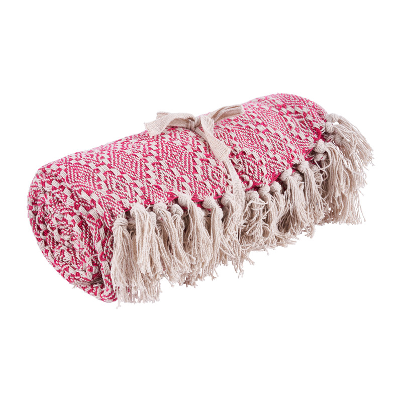 Plaid met franjes - roze/wit - 130x160 cm 