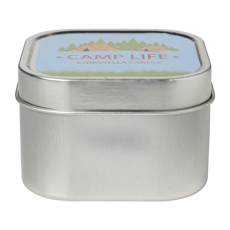 Citronella kaars camping life - vierkant blik - 7.5x7x5 cm