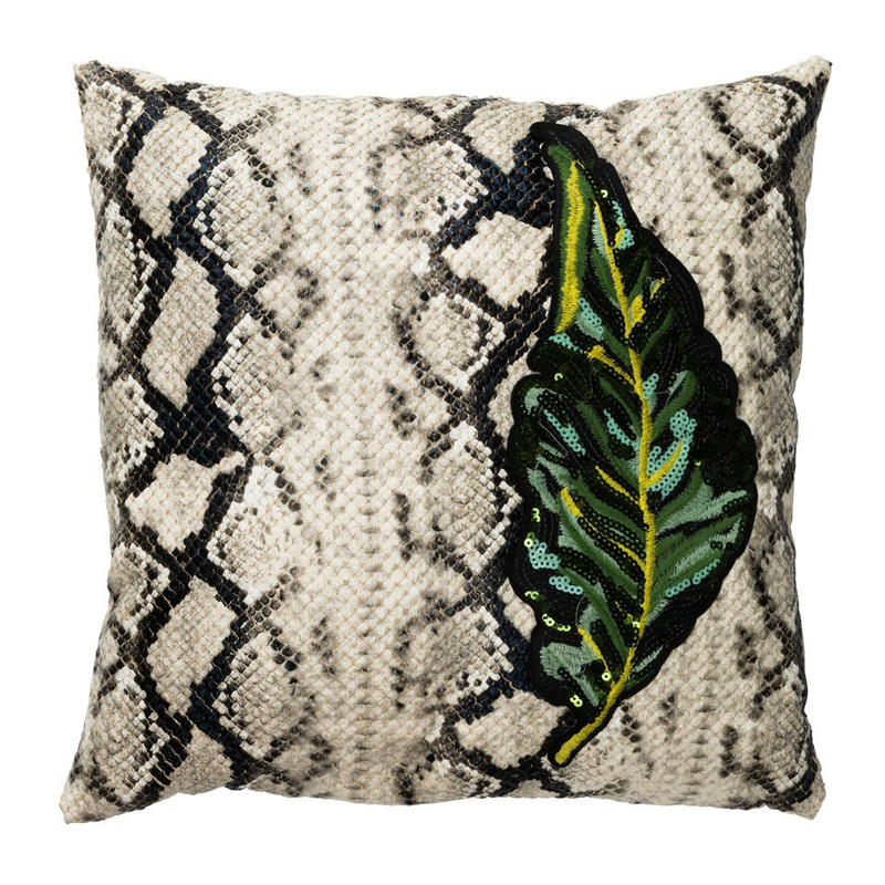Sierkussen met blad - wit/zwart - 45x45 cm