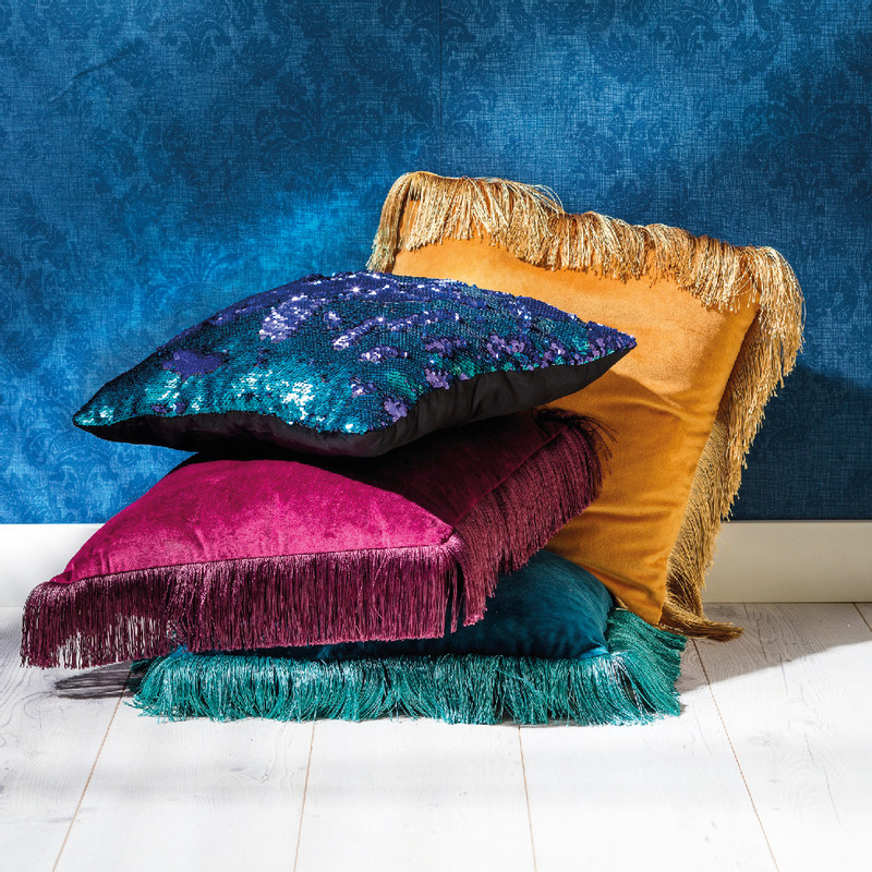 Sierkussen fluweel franjes - 45 x 45 - geel