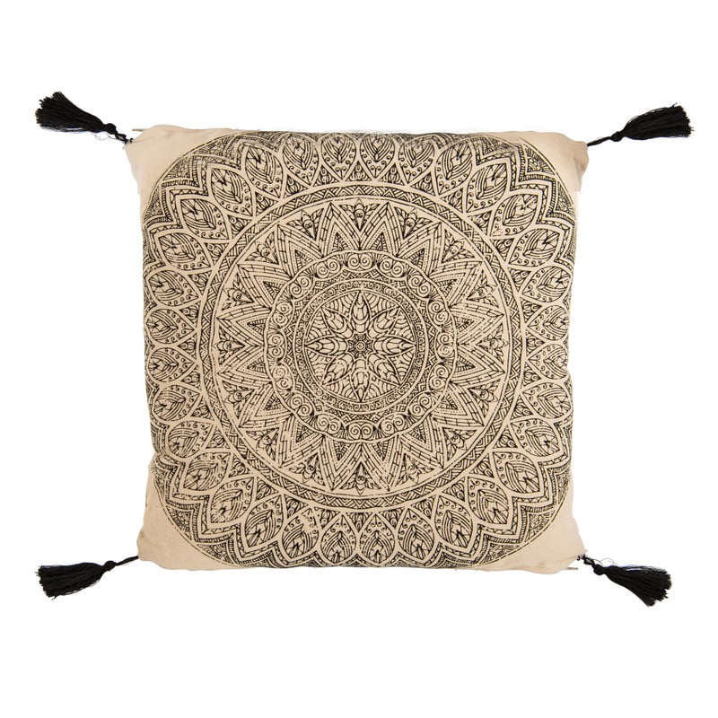 Sierkussen mandala met kwastjes - zwart/wit - 45x45 cm