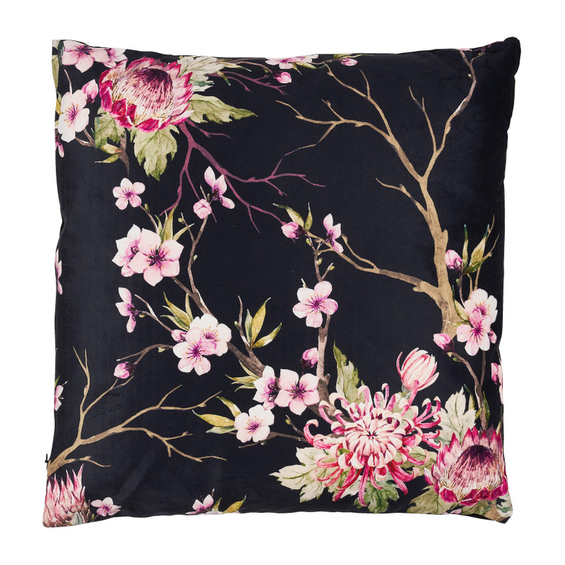Sierkussen fluweel bloemen - zwart - 45x45 cm