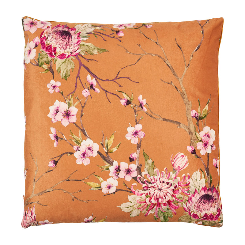 Sierkussen fluweel bloemen - okergeel - 45x45 cm