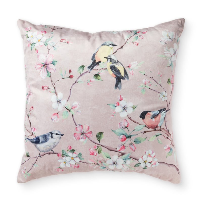 Velvet sierkussen vogel - roze - 45x45 cm