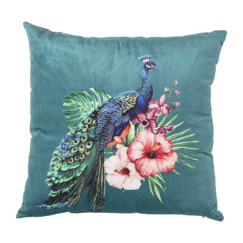 Sierkussen pauw/bloemen - donkerblauw - 45x45 cm 