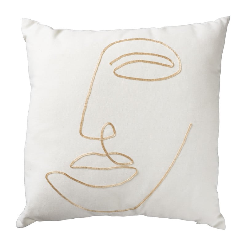 Sierkussen met geborduurd gezicht - wit/goud - 45x45 cm 