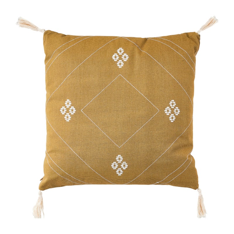 Sierkussen borduursel en tassels- mosterd - 45x45 cm