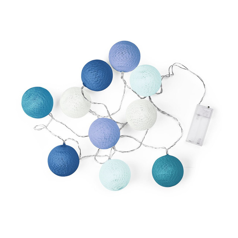 Lichtslinger cottonball guirlande - wit/blauw - 10 lampjes