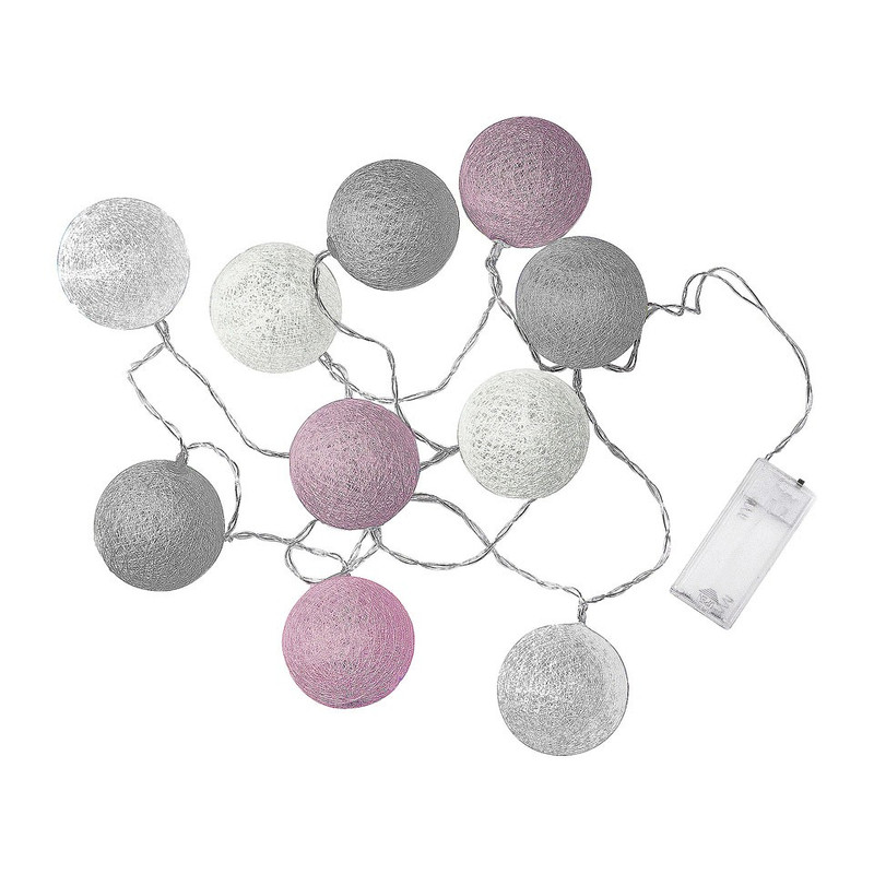 Lichtslinger cottonball guirlande - wit/grijs/roze - 10 lamps
