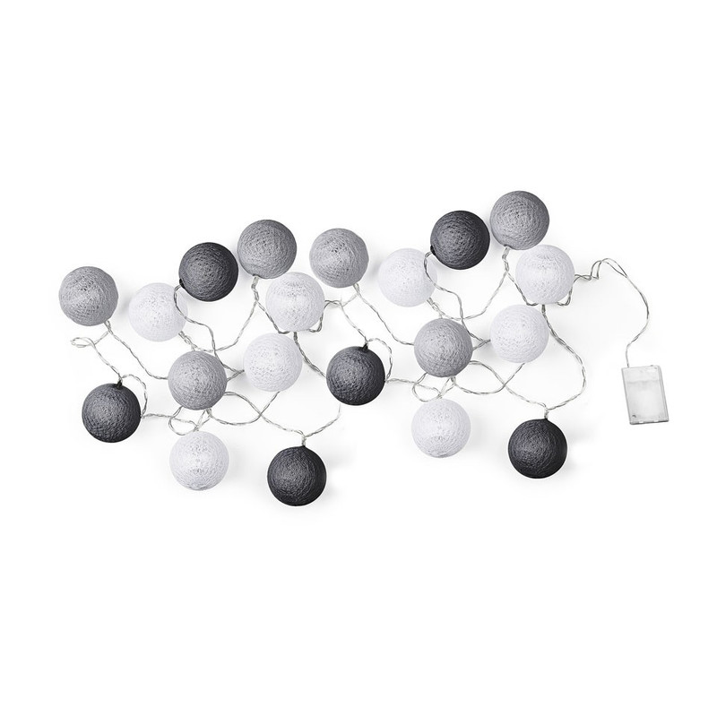 Lichtslinger cottonball guirlande - wit/grijs - 20 lamps
