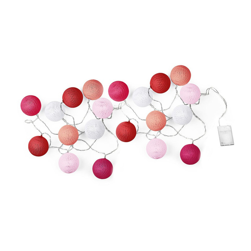 Lichtslinger cottonball guirlande - wit/roze - 20 lamps