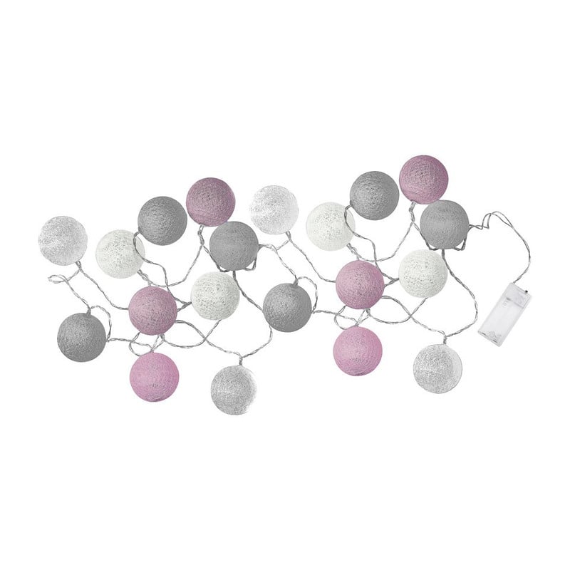 Lichtslinger cottonball guirlande - wit/grijs/roze - 20 lamps