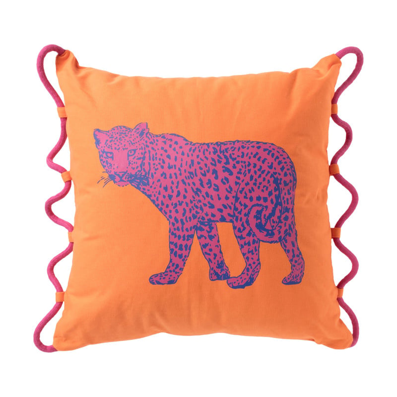 Kussen luipaard met koord - oranje/roze - 45x45 cm