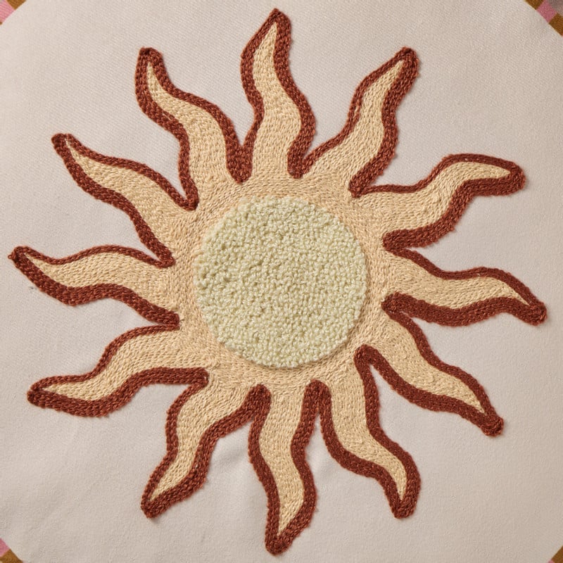 Kussen zonnetje met print - bruin/beige - ø38 cm