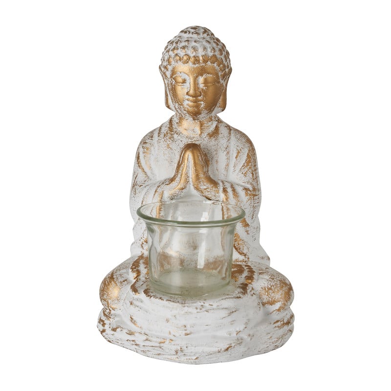 Boeddha theelichthouder - cement/goud - 12x12x19 cm