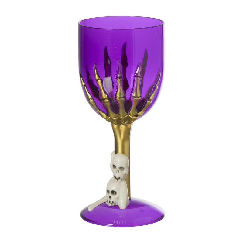 Wijnglas skelethand plastic - paars - ø8x17 cm