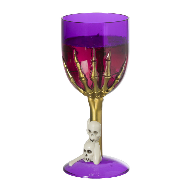 Wijnglas skelethand plastic - paars - ø8x17 cm