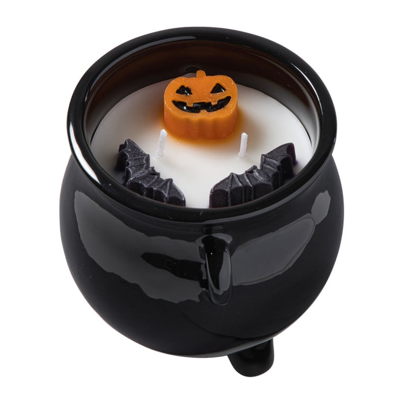 Halloween geurkaars heksenketel - wit/zwart - ø13x12 cm
