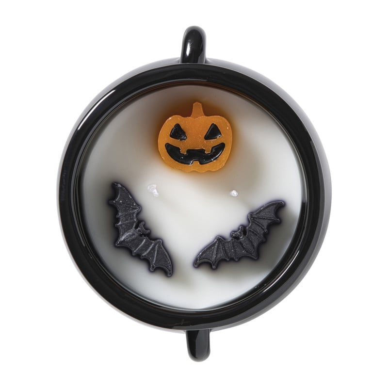 Halloween geurkaars heksenketel - wit/zwart - ø13x12 cm