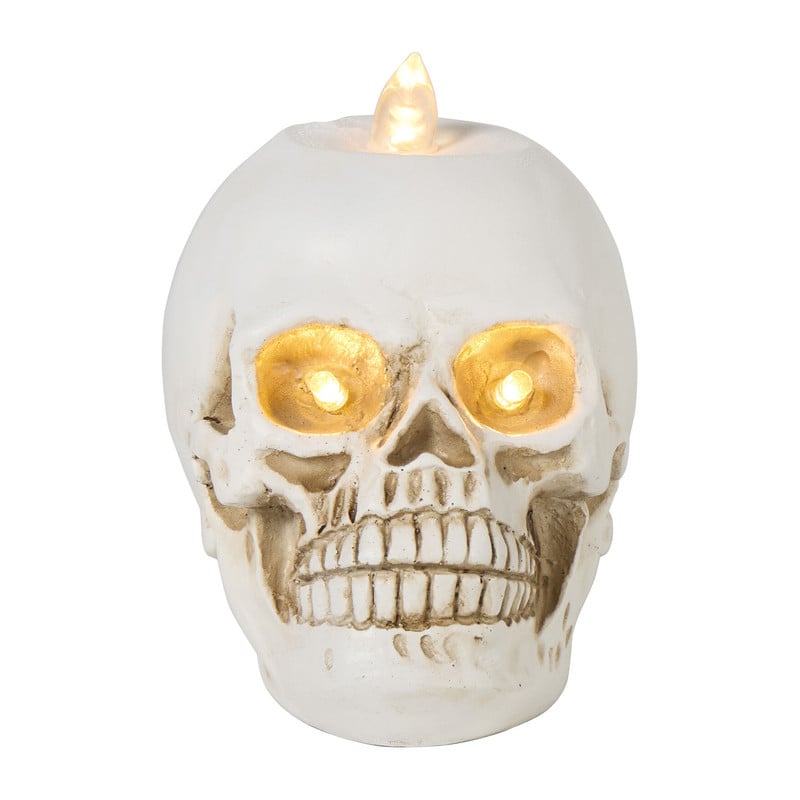 Halloween Schedel kaars fles - wit/oranje - 8.8x11.5x11 cm 