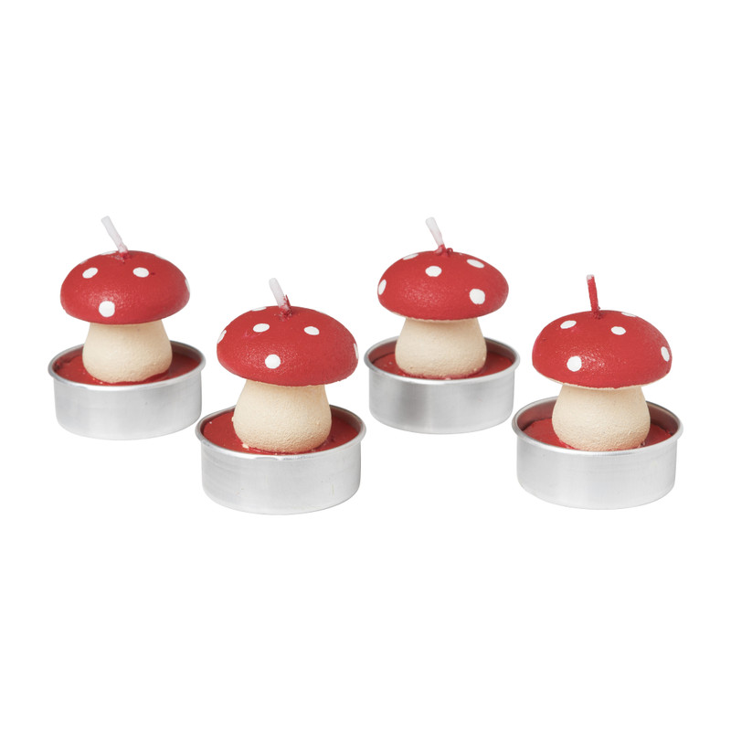 Paddenstoel waxinelichten - rood/wit - set van 4