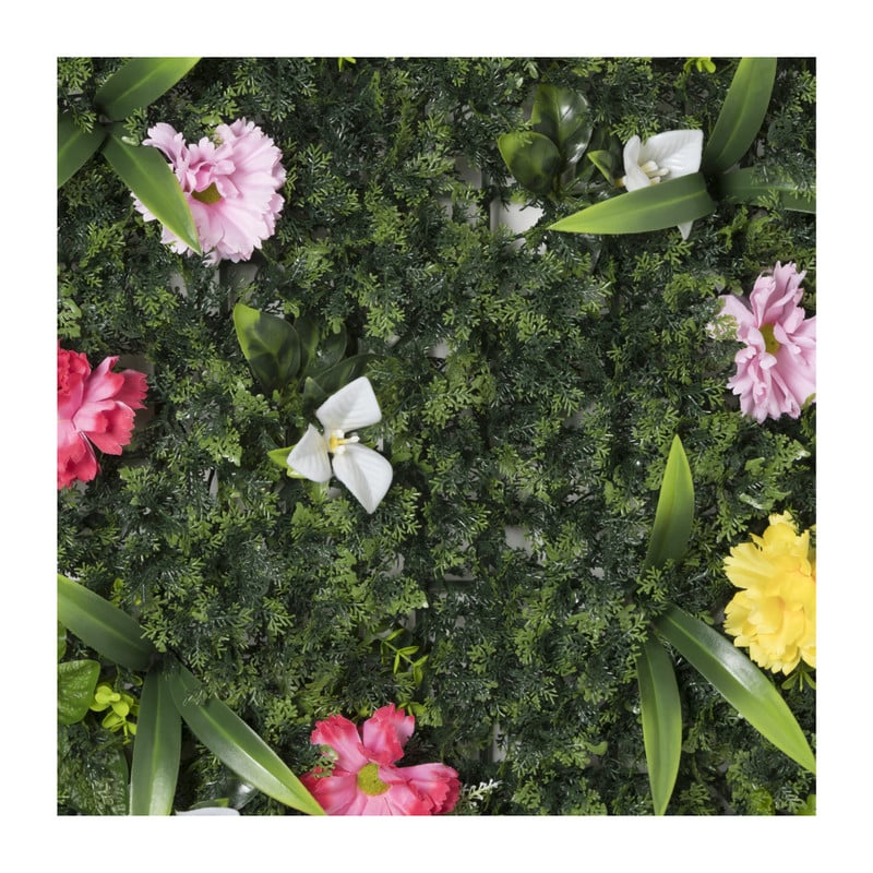 Wanddecoratie met kunstgras en bloemen - groen - 50x50 cm