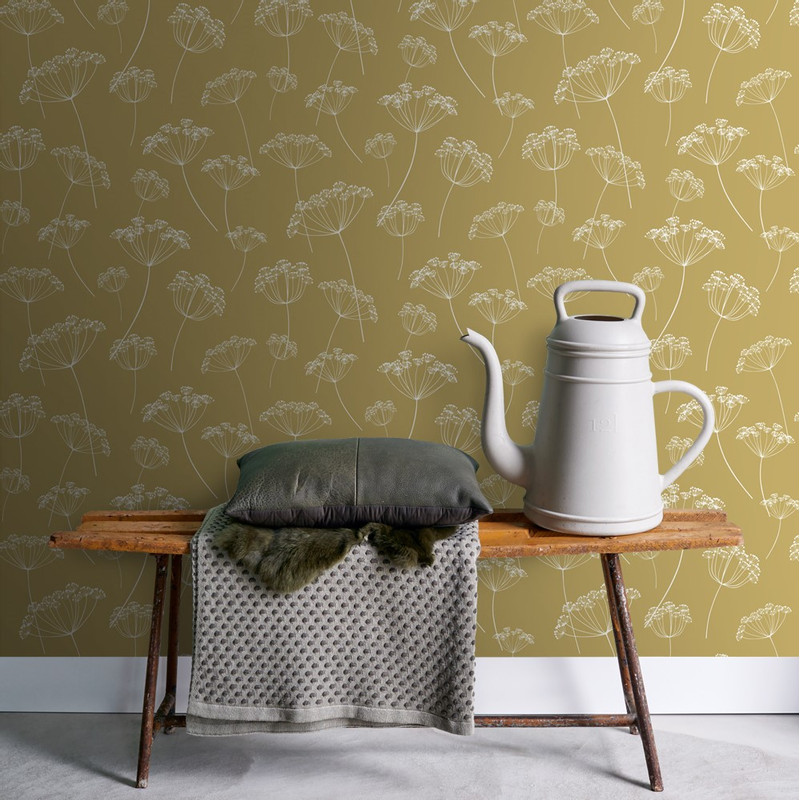 Behang bloemenprint - okergeel 
