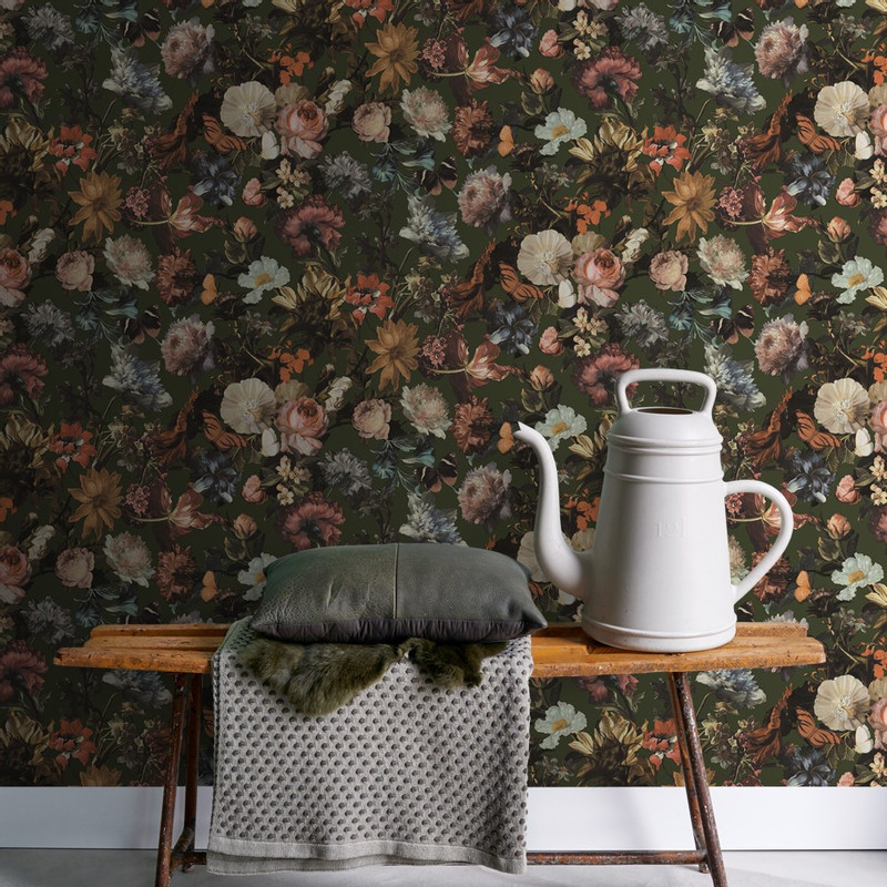 Behang bloemenprint - donkergroen
