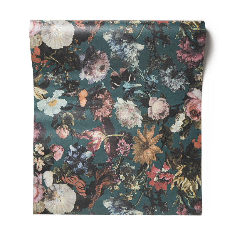 Behang bloemenprint - smaragd