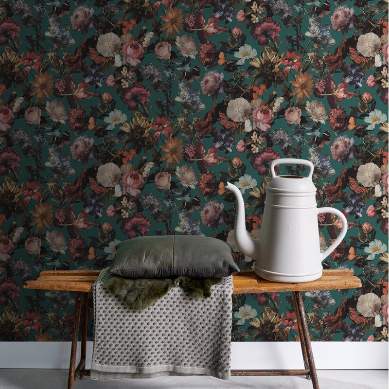 Behang bloemenprint - smaragd
