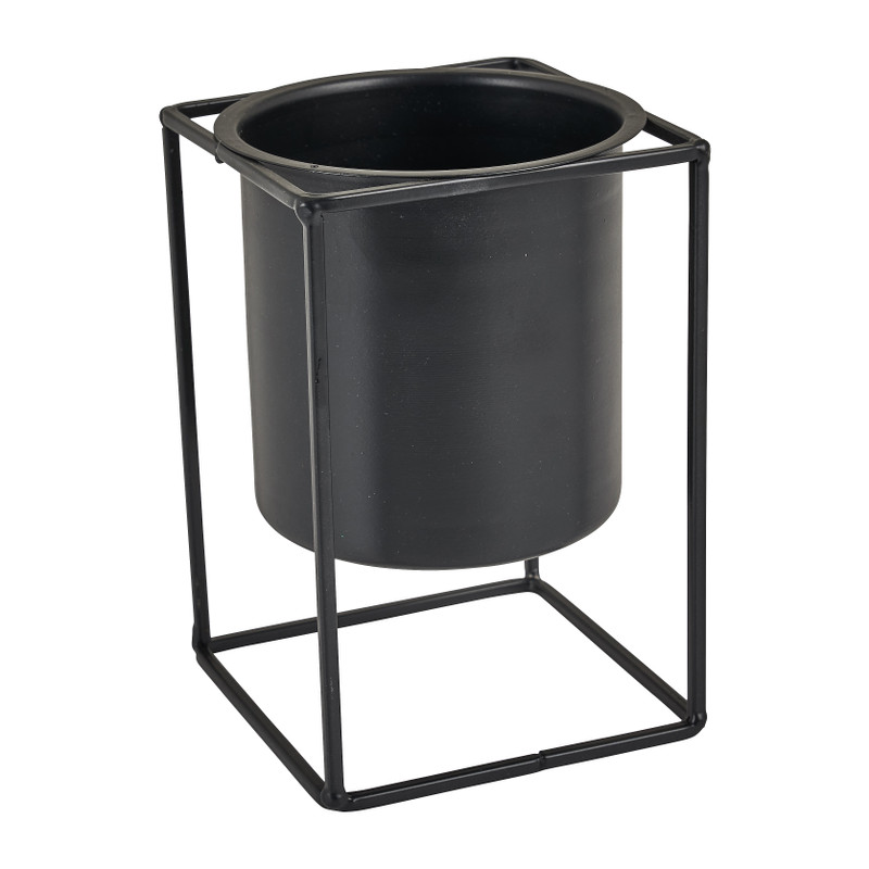 Metalen plantenpot - zwart - 11x11x16 cm 