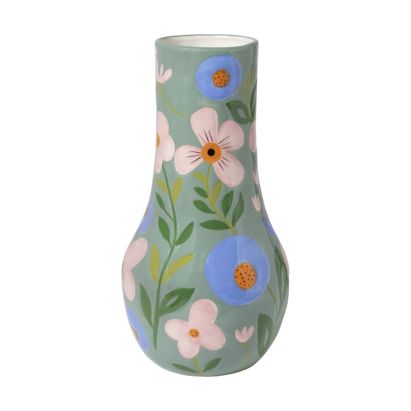 Vaas bloemen - groen/blauw/roze - ø17.2x34 cm