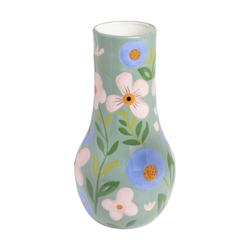 Vaas bloemen - groen/blauw/roze - ø17.2x34 cm